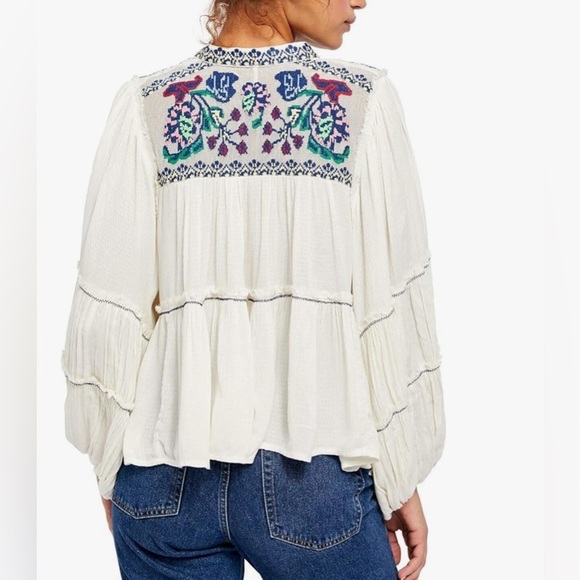 Free People Blouse Women White Vivid Floral Embroidered Atlas Clouds Boho Hippie - Picture 4 of 8